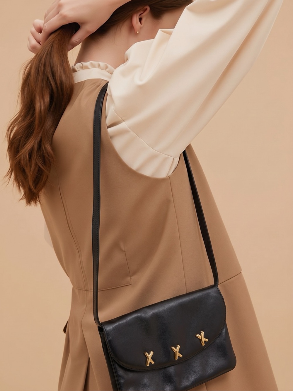 Vintage Paloma Picasso Black Leather Triple Gold "X" Crossbody Flap Bag Italy
